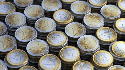3d render equal columns of euro coins on a black background with depth of field. Studio light.