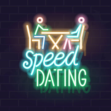Neon speen dating scene. Man and woman talking with handwritten typography. Vector isolated neon illustration for any dark background.
