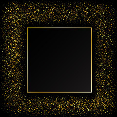 Gold square frame. Golden glow glittering effect, neon shine, light particles and star dust. Design element, border. Isolated on dark transparent background. Vector illustration eps10