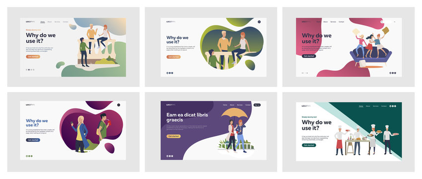Set of people chatting and having fun together. Flat vector illustrations of men and women talking, walking, cooking. Relaxing and friendship concept for banner, website design or landing web page