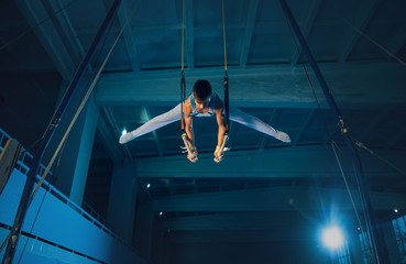 Little male gymnast training in gym, flexible and active. Caucasian fit boy, athlete in white...
