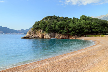 View of empty Milocer Beach (King's Beach), one of the most beautiful beaches on Adriatic seashore in Budva Riviera near Saint Stephan island in Montenegro.