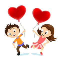 Boy and girl with balloons in the form of hearts on a white background.