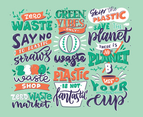 Hand drawn logo set of zero waste phrases.