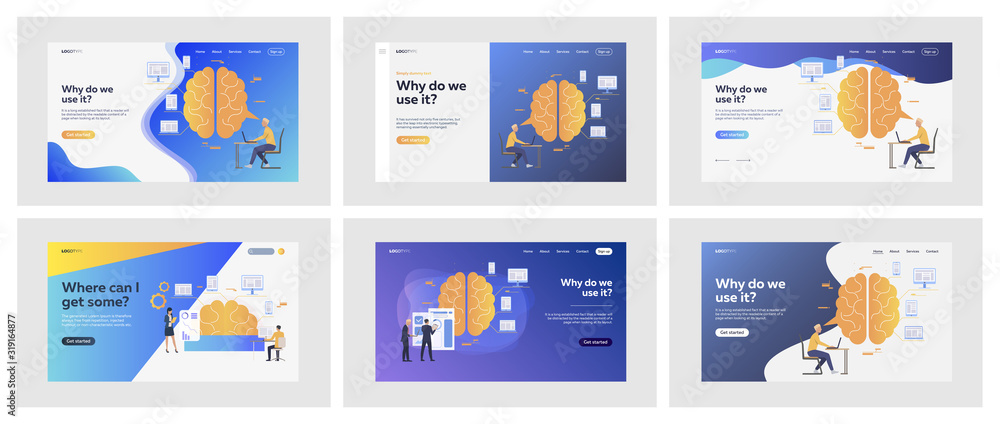Poster set of computer engineering for business. flat vector illustrations of men and women doing brainstor