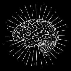 Brain. Hand drawn vector illustration with brain and divergent rays. Used for poster, banner, web, t-shirt print, bag print, badges, flyer, logo design and more.