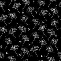 Vector seamless pattern with echinacea flowers. Hand drawn illustrations. White outline on black background. Great print for fabric, wrapping papers, wallpapers, cover. Doodle style. - obrazy, fototapety, plakaty