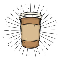 Coffee cup. Hand drawn vector illustration with coffee cup and divergent rays.