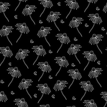 Vector seamless pattern with echinacea flowers. Hand drawn illustrations. White outline on black background. Great print for fabric, wrapping papers, wallpapers, cover. Doodle style.