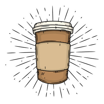 Coffee Cup. Hand Drawn Vector Illustration With Coffee Cup And Divergent Rays.