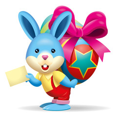 A cute blue rabbit bring you a big colorful egg to celebrate Easter