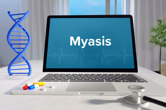 Myasis &ndash; Medizin/Gesundheit. Computer im B&uuml;ro mit Begriff auf dem Bildschirm. Arzt/Gesundheitswesen