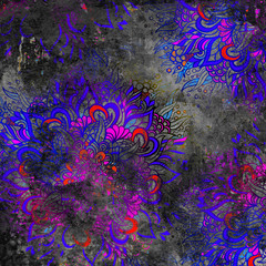 Blue and red mandalas painted on the black rustic wall