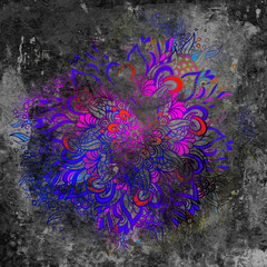 Blue and red mandalas painted on the black rustic wall