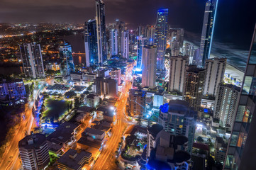 Fototapeta na wymiar Long exposure of a cityscape of Surfers Paradise in the early morning from a high building