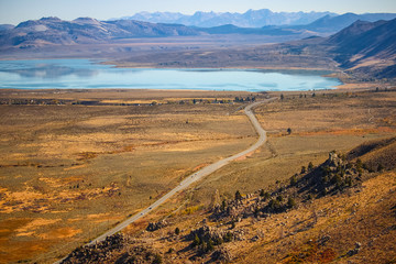 Panoramic view of Mono Lake, California. The lack of an outlet causes high levels of salts to accumulate in the lake. These salts also make the lake water alkaline.