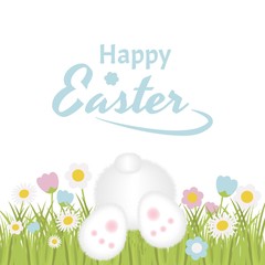 Text for greetings, invitations, packaging, cards with Easter. White bunny looking for an Easter egg in the grass with beautiful flowers. Cute legs and tail of a white bunny. On white background