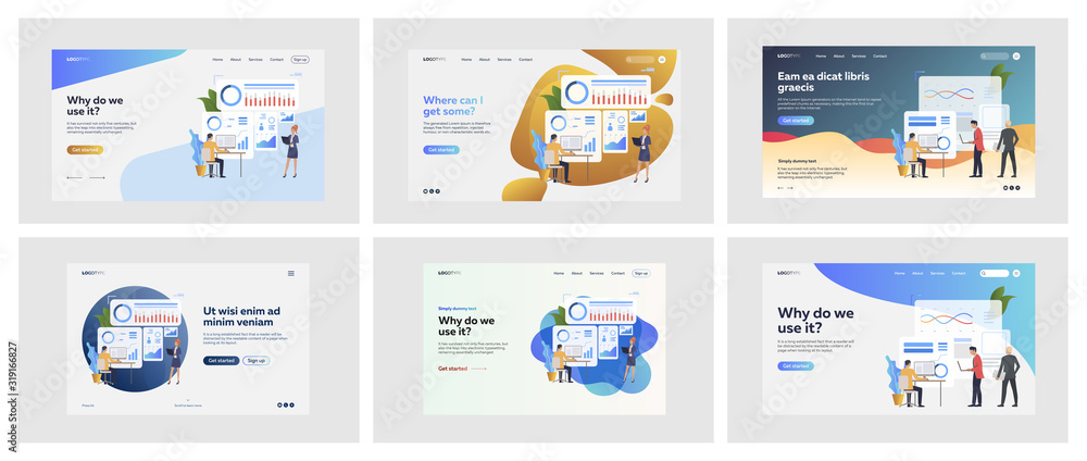 Poster set of business people making statistics. flat vector illustrations of men and women using software.