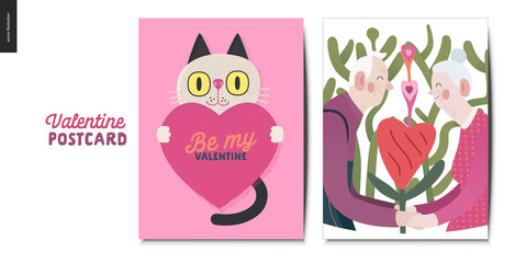 Valentines postcards -Valentines day graphics. Modern flat vector concept illustration - greeting cards - a cat holding a heart, an aged couple holding their hands standing with a heart shaped plant