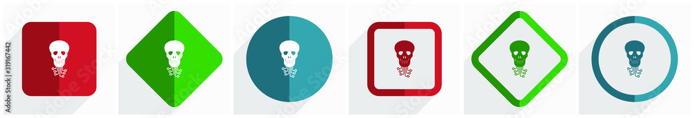 Aufkleber Hack, virus, circuit, skull, hacker icon set, flat design vector illustration in 6 options for webdesign and mobile applications in eps 10