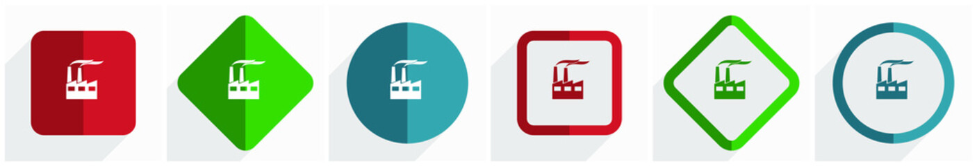 Factory, industrial building, plant, pollution  icon set, flat design vector illustration in 6 options for webdesign and mobile applications in eps 10