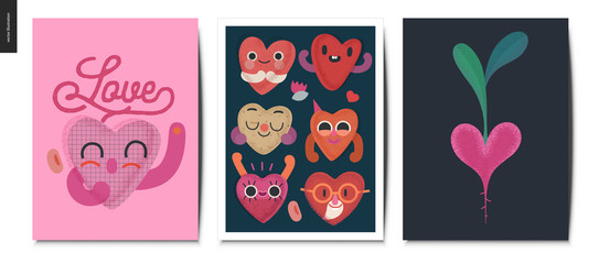 Valentines postcards -Valentines day graphics. Modern flat vector concept illustration - greeting cards - smiling happy hearts and heart shaped vegetable, beet