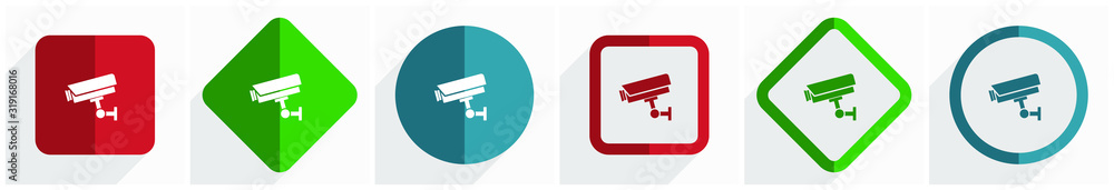 Aufkleber cctv camera icon set, flat design vector illustration in 6 options for webdesign and mobile applicat