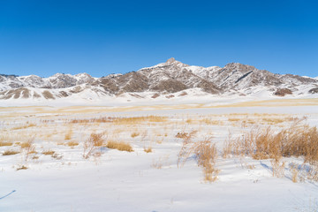 Snow mountain and snow field grassland near by the Xinjiang China Sayram lake. Winter season.