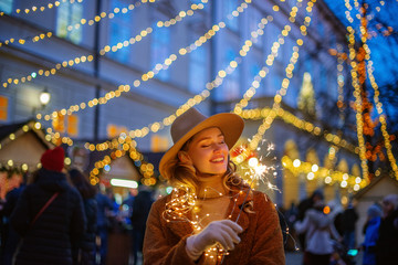 Outdoor night portrait of happy smiling woman posing with garland and sparkler at  festive Christmas fair in European city. Winter holidays, celebration concept. Copy, empty space for text