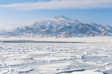 China Xinjiang Sayram Lake(sailimu hu) in winter. Climate and travel concept.