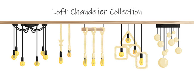 Vector ceiling loft chandeliers set in flat style. Electricity vintage equipment for home interior isolated on white background. Collection of ceiling pendant lamps and bulb. Illuminating Edison bulbs © Diana
