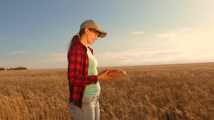 tasty piece of bread on the palms of the baker. Fresh rye bread is held in the hands of a farmer. loaf of wheat bread in woman's hands, over field of wheat.