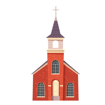 Urban retro colonial style church building cartoon vector illustration