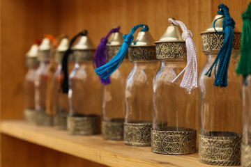 Set of empty bottles and cans for spices or incense
