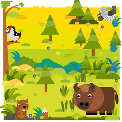 cartoon forest with wild animal bison buffalo and other animals illustration