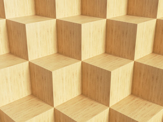 Abstract yellow 3D geometric wood cubes background. 3d rendering - illustration.