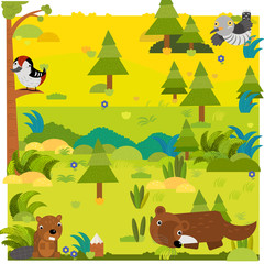 cartoon forest with wild animal marten and other animals