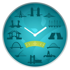 Obraz na płótnie Canvas Souvenir clock with abstract sights of Europe. Bridges and soccer field on a blue dial. Football style. Vector illustration