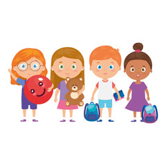 group of little children with school bag and toys vector illustration design