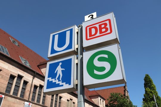 NUREMBERG, GERMANY - MAY 7, 2018: Signs for public transportation station: Deutsche Bahn (DB) and S-Bahn railway in Nuremberg, Germany. Nuremberg is located in Middle Franconia.