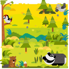 cartoon forest with wild animal opossum and other animals
