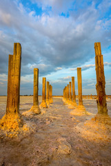 old piles in salt lake near Azov Sea, Ukraine