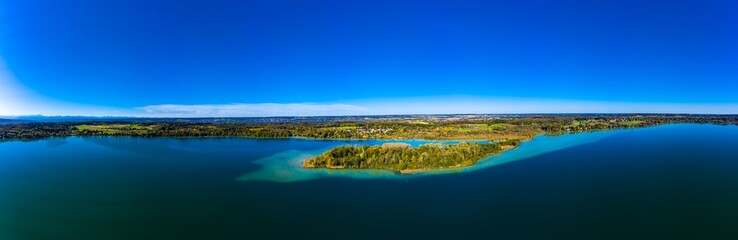 Aerial view, Wörth lake with the Wörth island or Mausinsel, Stranberg district, Bachern, Bavaria, Germany