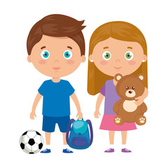 cute little children with school bag and toys vector illustration design