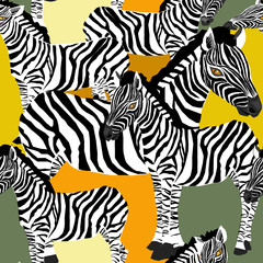 Fototapeta na wymiar Zebras seamless pattern. vector illustration of zebras on yellow, orange and green background