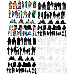 silhouette, family, parents and children, set