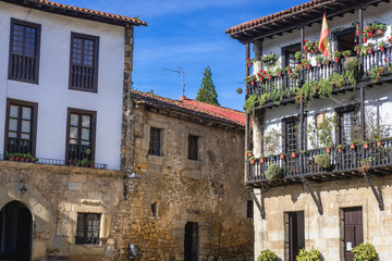 Old buildings on main square of historic part of Santillana del Mar in Cantabria region of Spain