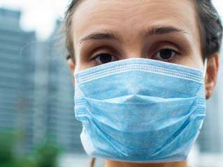 Portrait of a woman in a medical mask protecting against the 2019-nCoV virus epidemic