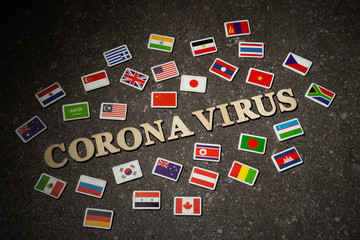 Word coronavirus with national flags 