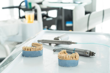 Artificial chew with made tooth crowns is standing on the table in the dental laboratory. Technical and professional equipment.